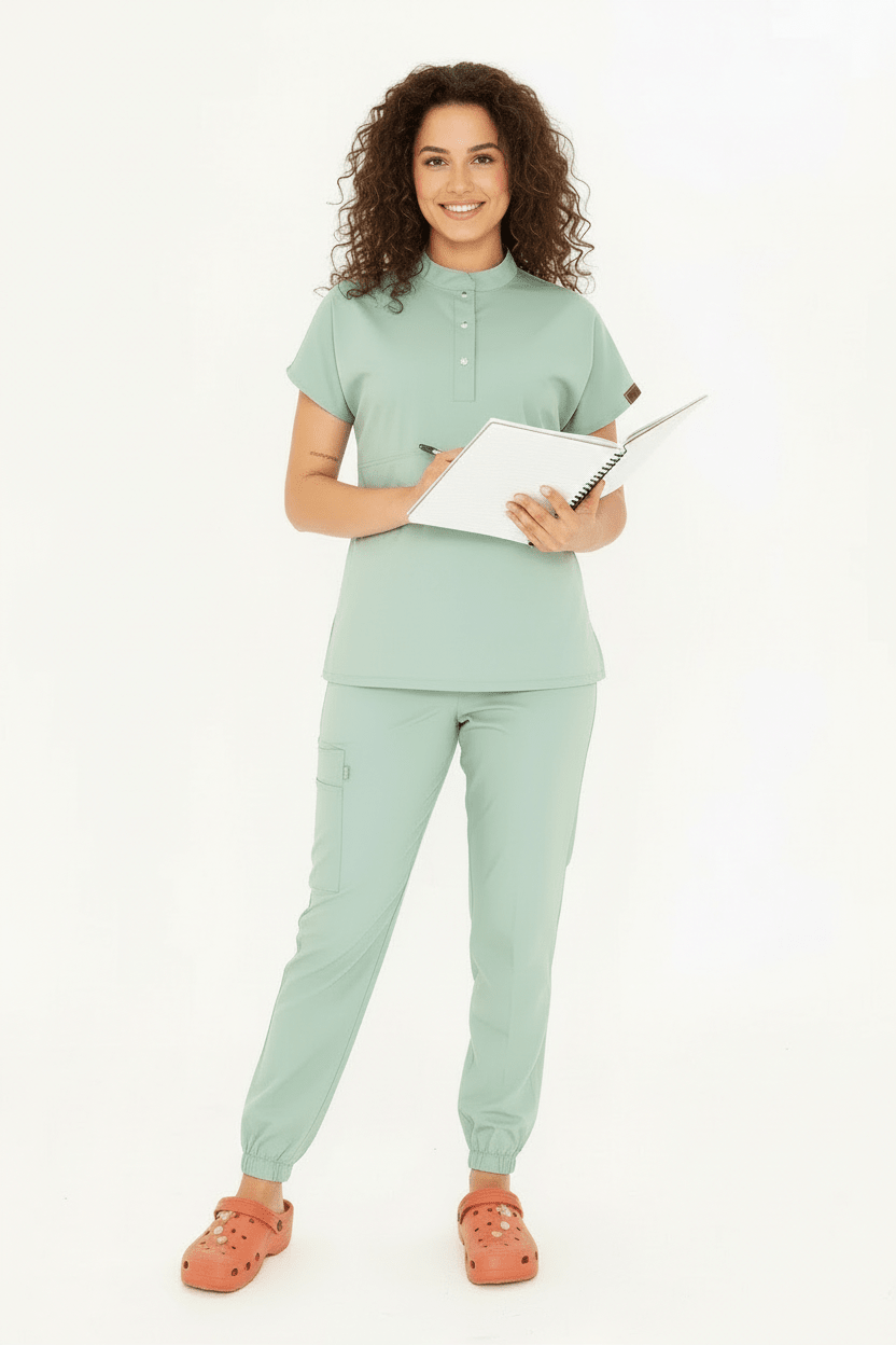 N O V A | Çağla Yeşili LASTİKLİ PAÇA Likralı Hakim Yaka Yarım Çıtçıtlı Hemşire Ve Doktor Forması Scrubs - Class Üniforma hemşire formaları, medikal önlükler