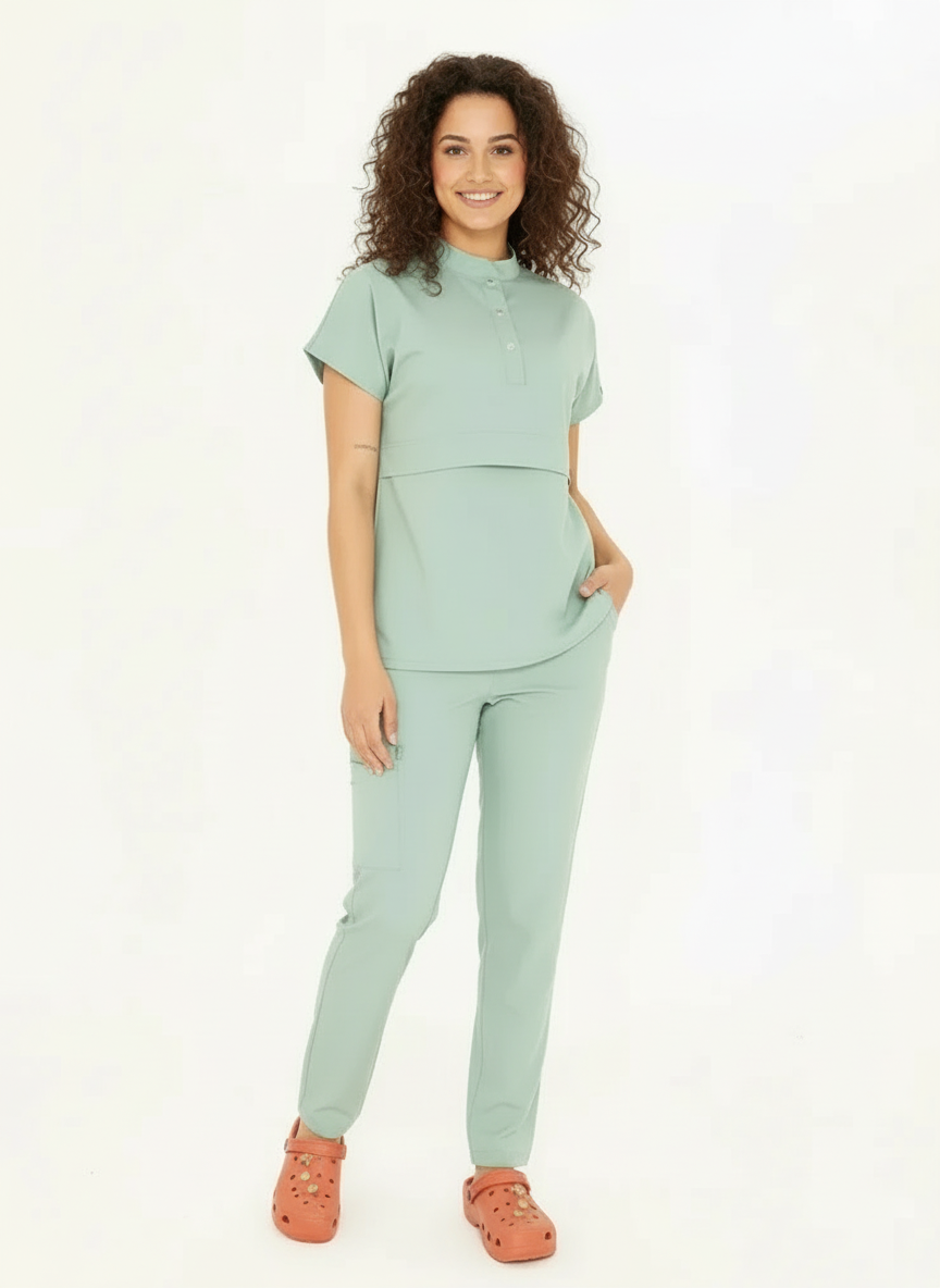 N O V A | Çağla Yeşili Düz Paça Pantolon Likralı Hakim Yaka Yarım Çıtçıtlı Hemşire Ve Doktor Forması Scrubs