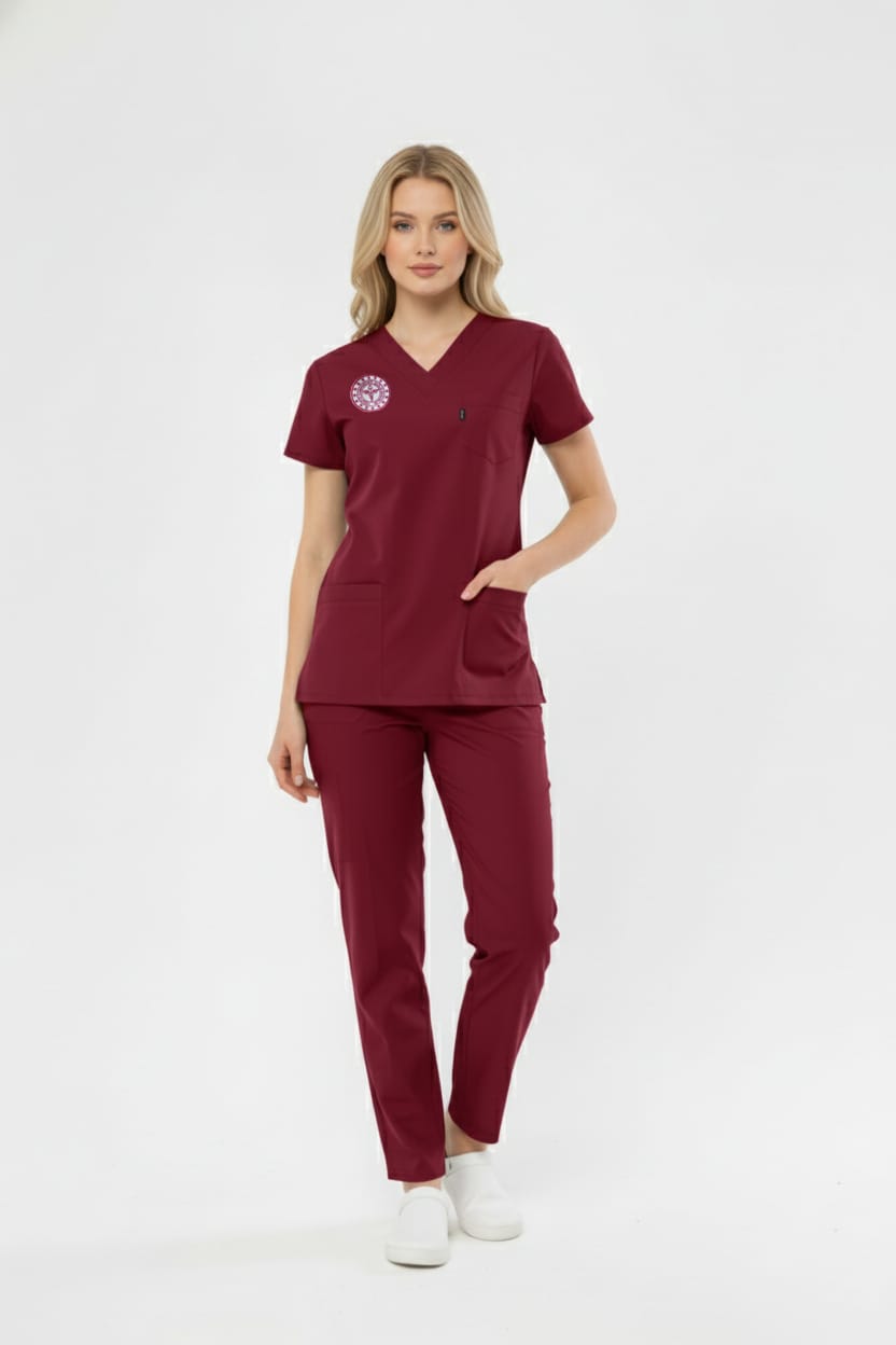 Class Üniforma Bordo Hastane Forması Likralı Scrubs Kadın (Yeni Yönetmeliğe Uygun - Biking Red)