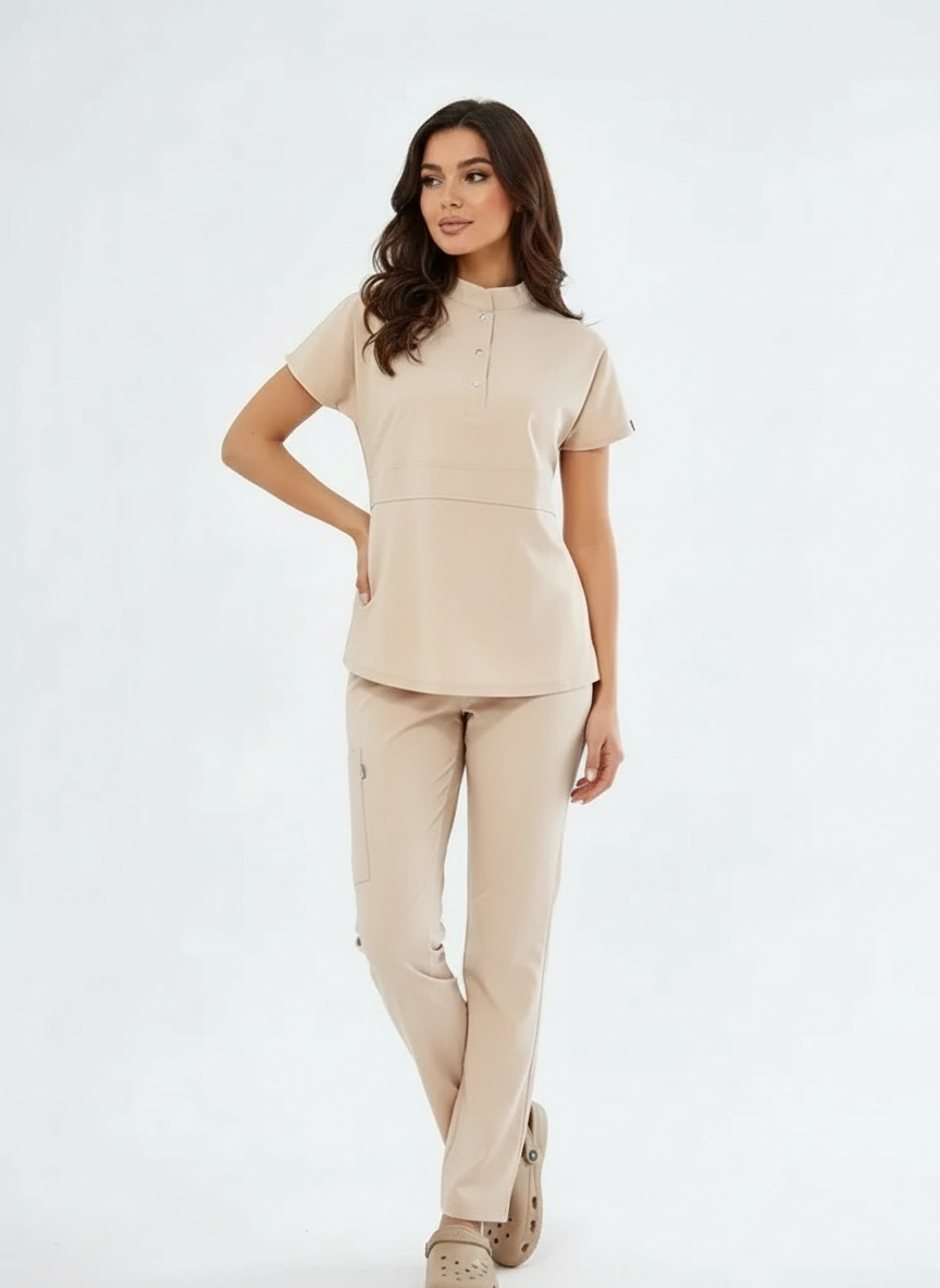 N O V A | Bej Düz Paça Pantolon Premium Likralı Üniforma Takımı