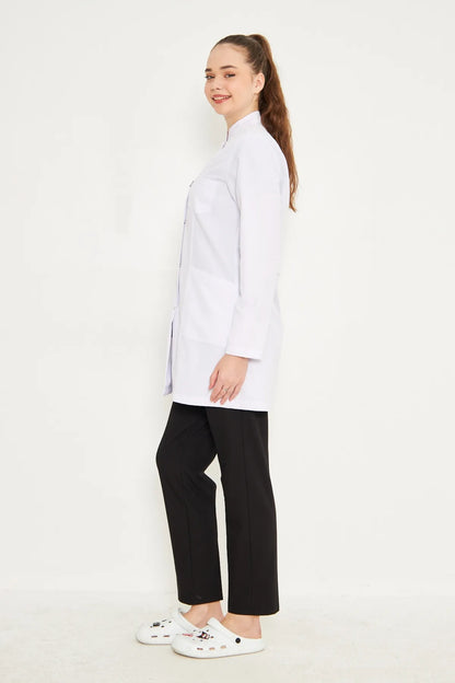 Kadın Uzun Kol Beyaz Çıtçıtlı Önlük Ceket – Hakim Yaka