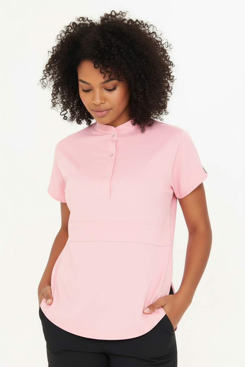 N O V A | Pembe Siyah Kadın Likralı Hakim Yaka Yarım Pat Çıtçıtlı Hemşire Ve Doktor Forması Scrubs