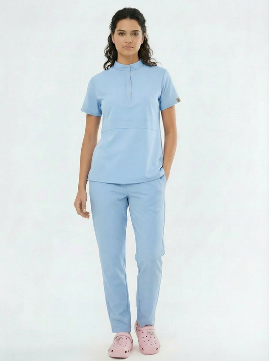 N O V A | Bebe Mavisi Kadın Likralı Hakim Yaka Yarım Pat Çıtçıtlı Hemşire Ve Doktor Forması Scrubs