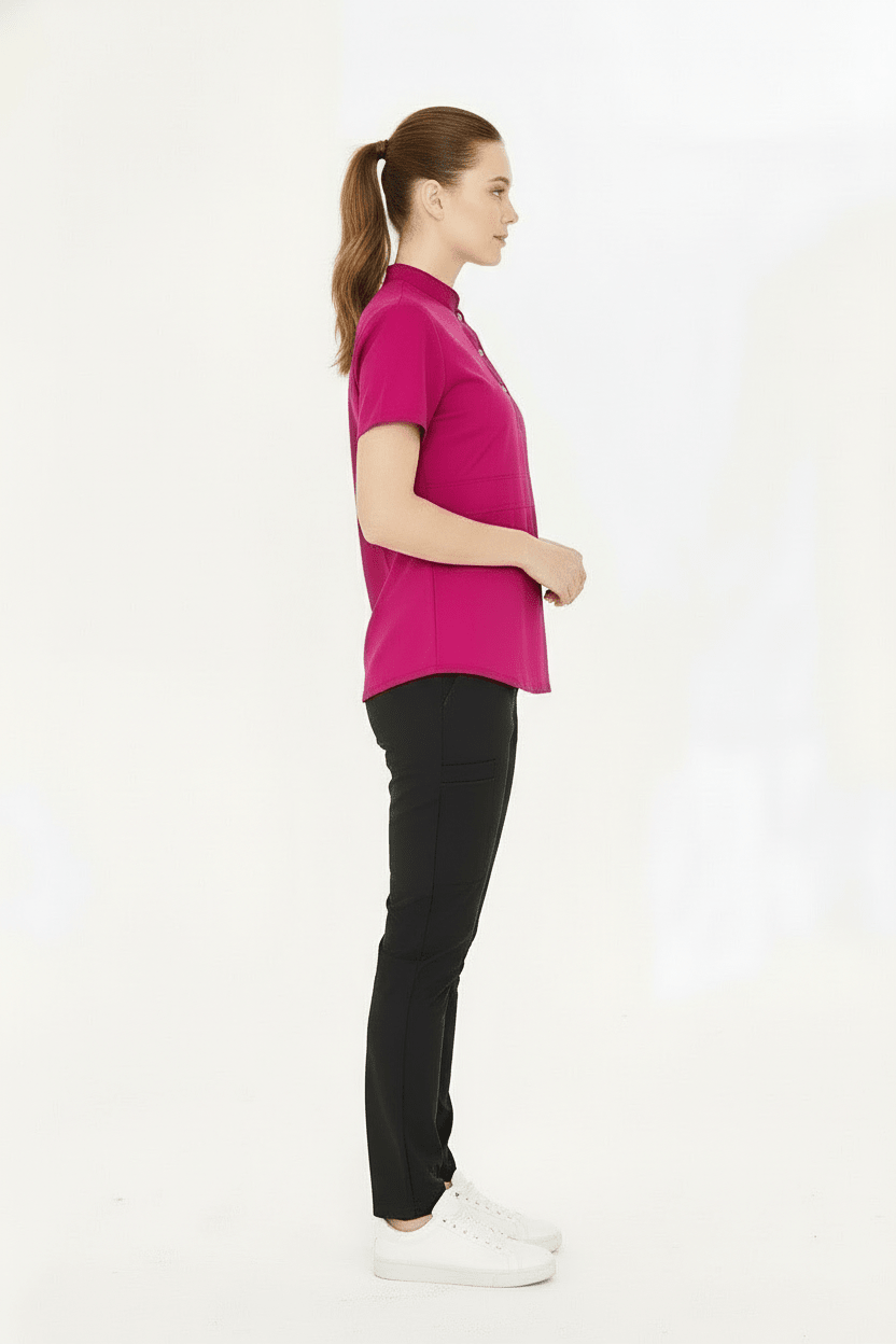 N O V A | Vişne Siyah Kadın Likralı Hakim Yaka Yarım Pat Çıtçıtlı Hemşire Ve Doktor Forması Scrubs - Class Üniforma hemşire formaları, medikal önlükler