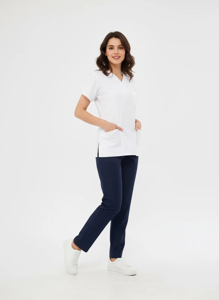 Outlet Classic | Beyaz Lacivert Unisex Likralı Üniforma Takımı - Class Üniforma