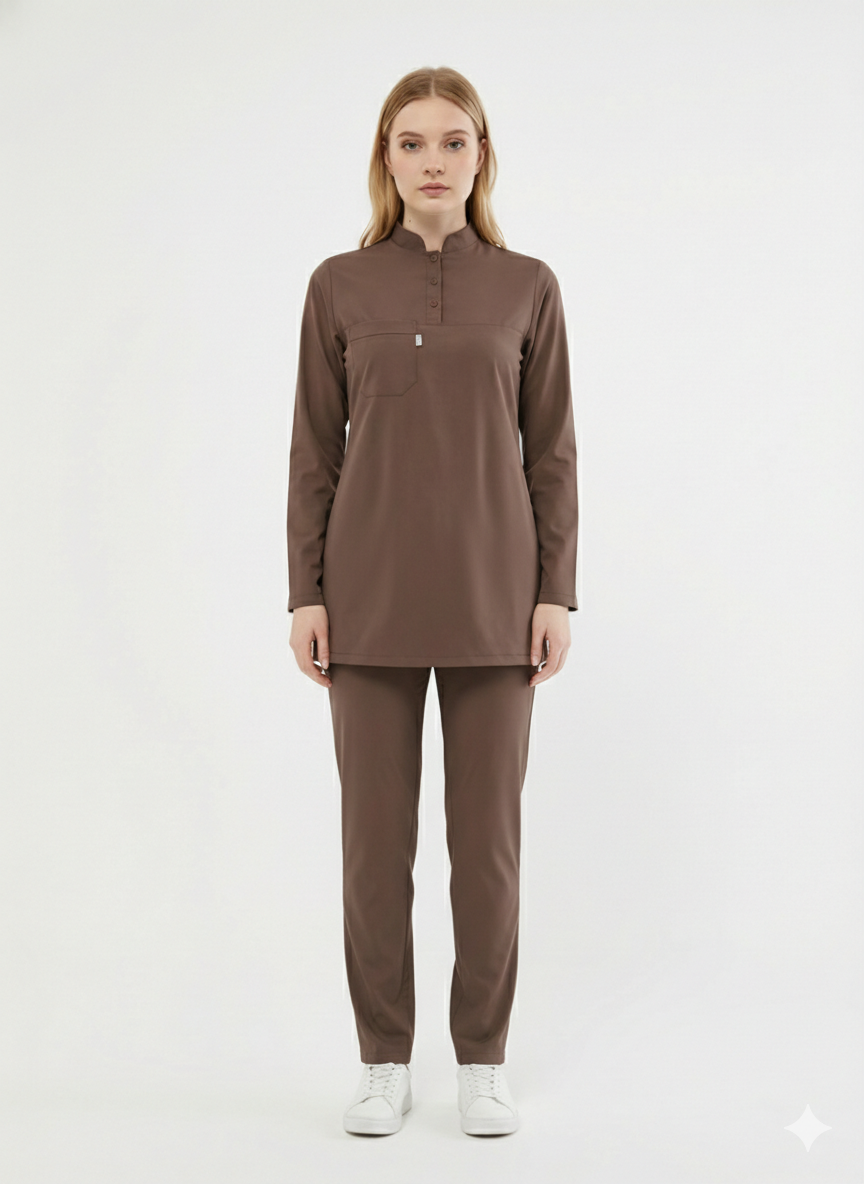 Tesettür - Kahverengi Likralı Hemşire Üniforma Takımı