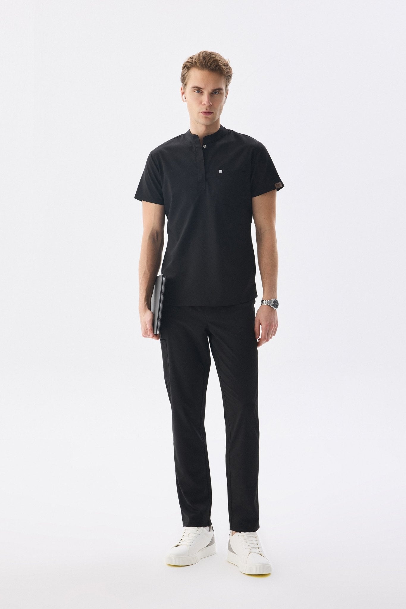 N O V A | Erkek Siyah Likralı Hakim Yaka Hemşire Forması - Class Üniforma hemşire formaları, medikal önlükler