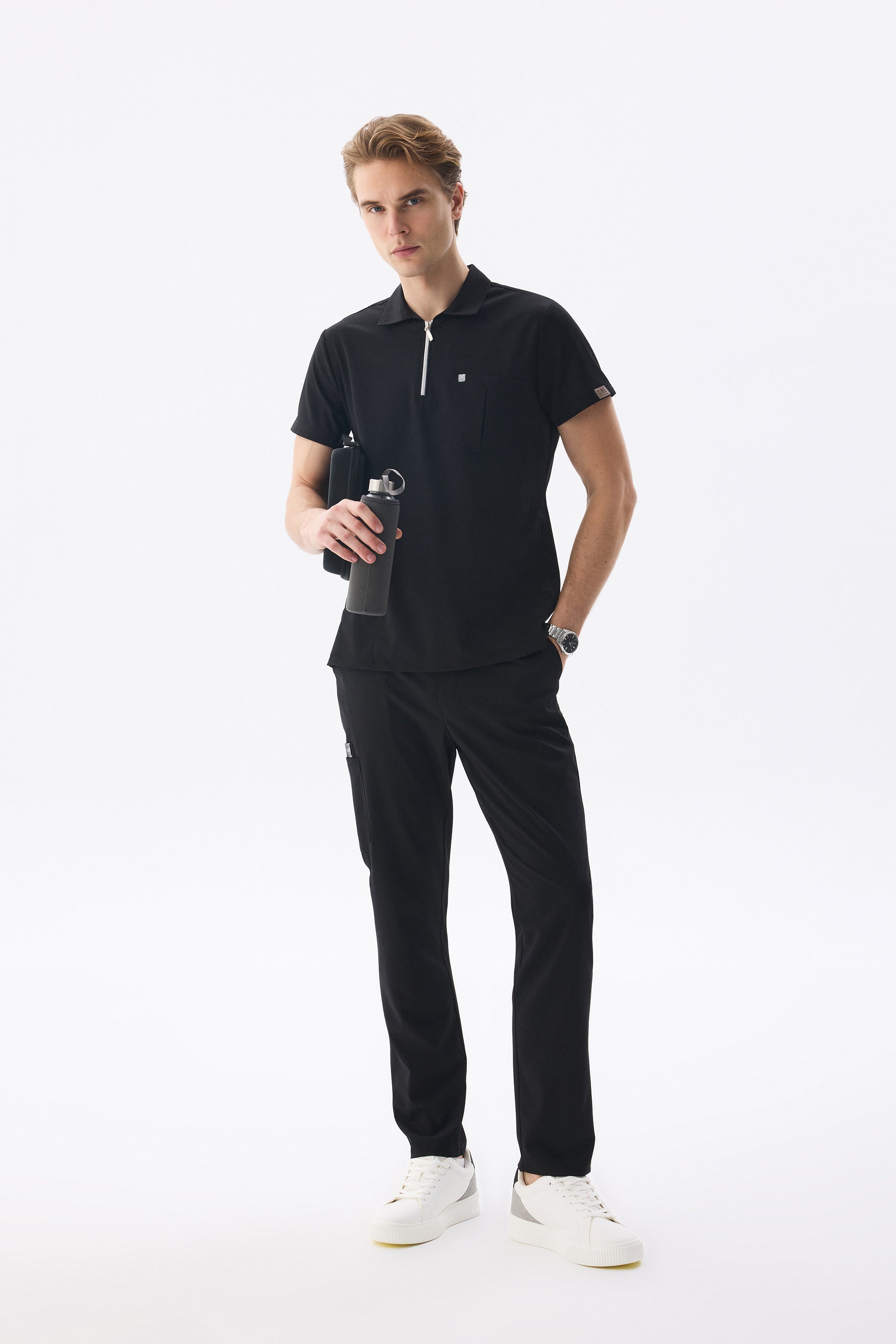 Erkek Polo Yaka Medikal Üniforma Takım Siyah Likralı Doktor Hemşire Forması