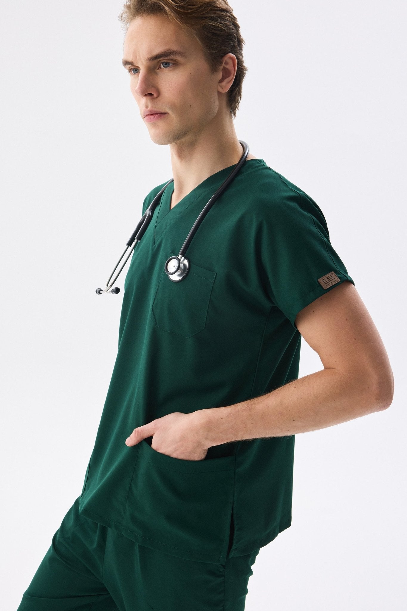 Classic - Avcı Yeşili Erkek Likralı Üniforma Takımı - Class Üniforma hemşire formaları, medikal önlükler