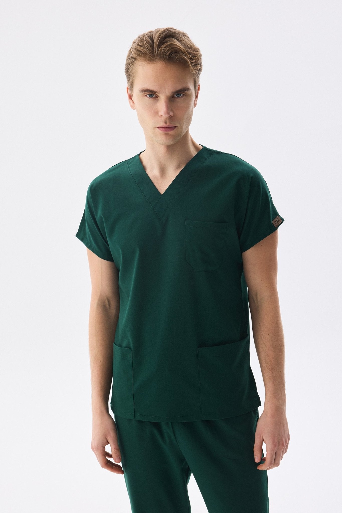 Classic Tek Üst - Avcı Yeşili Erkek Likralı Hemşire Forması Üstü - Class Üniforma hemşire formaları, medikal önlükler