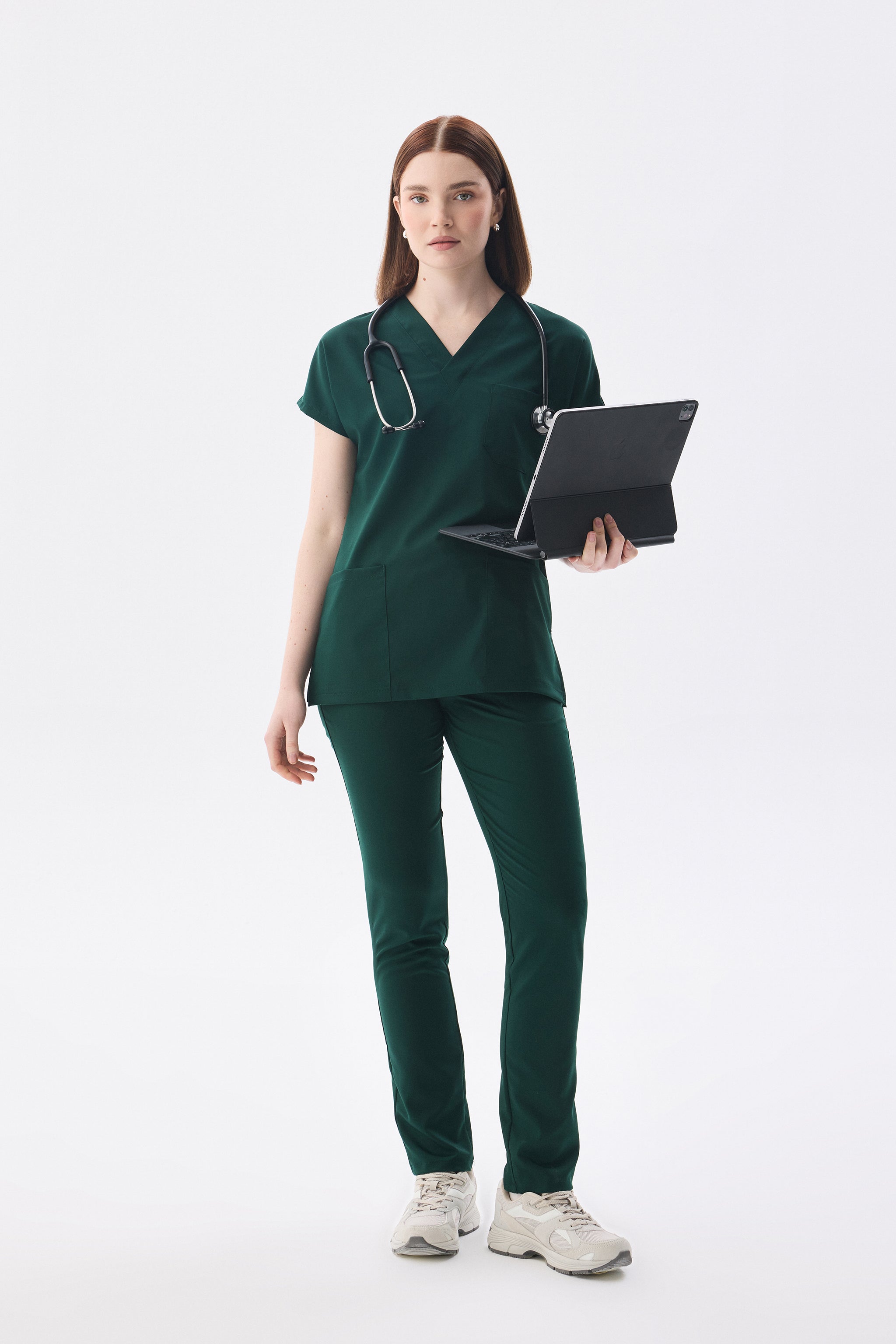 Classic Tek Üst  - Avcı Yeşili Kadın Likralı Hemşire Forması Üstü