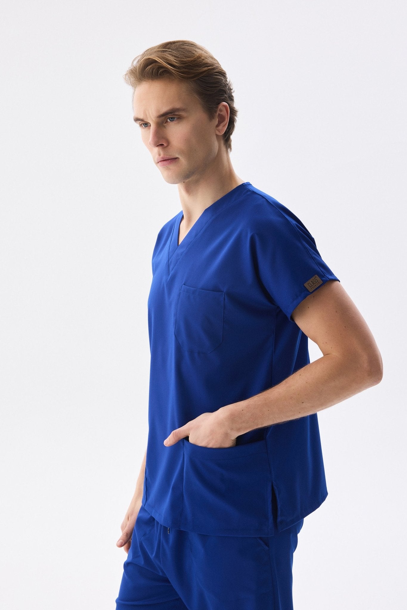Classic - Saks Mavi Erkek Likralı Üniforma Takımı - Class Üniforma hemşire formaları, medikal önlükler