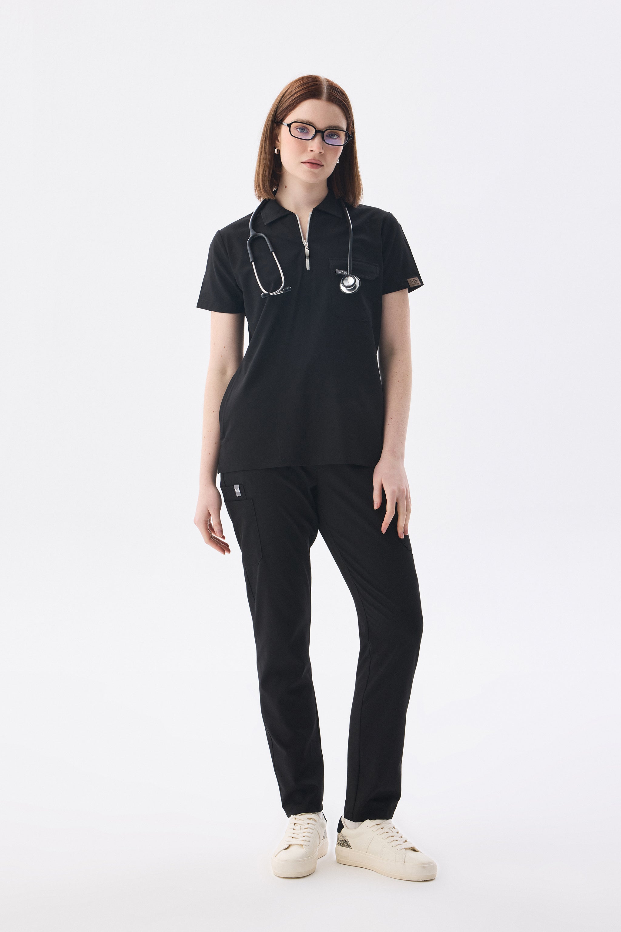 Polo Collar Black Women's Medical Uniform Scrubs Set