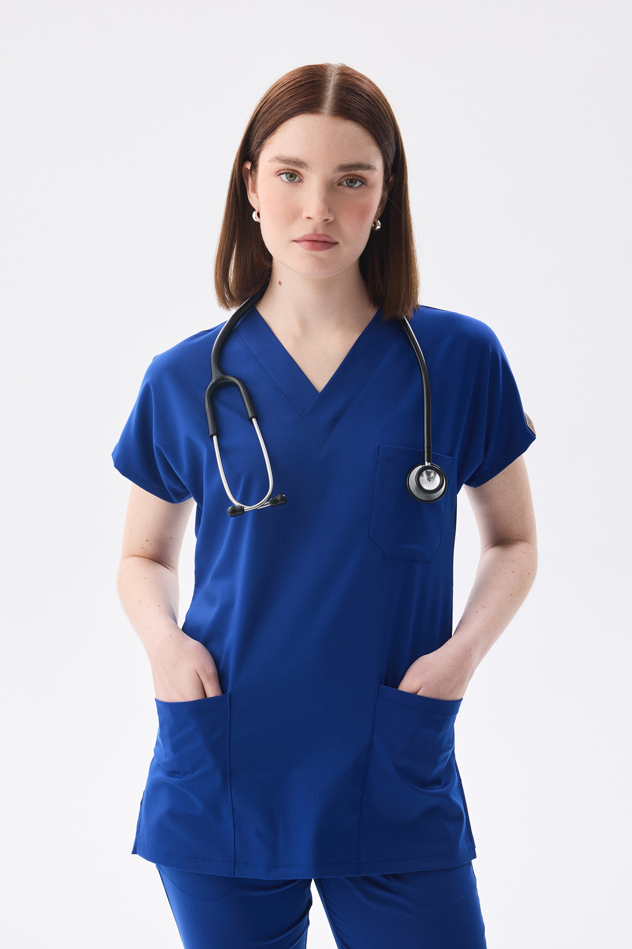 Classic Tek Üst  - Saks Mavi Likralı Hemşire Forması