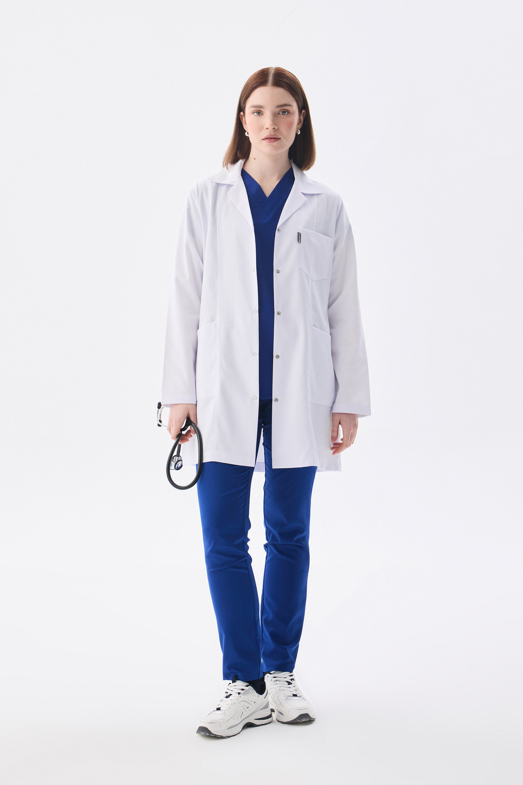 Langärmlige weiße Schürzenjacke zum Aufstecken für Damen – Polokragen