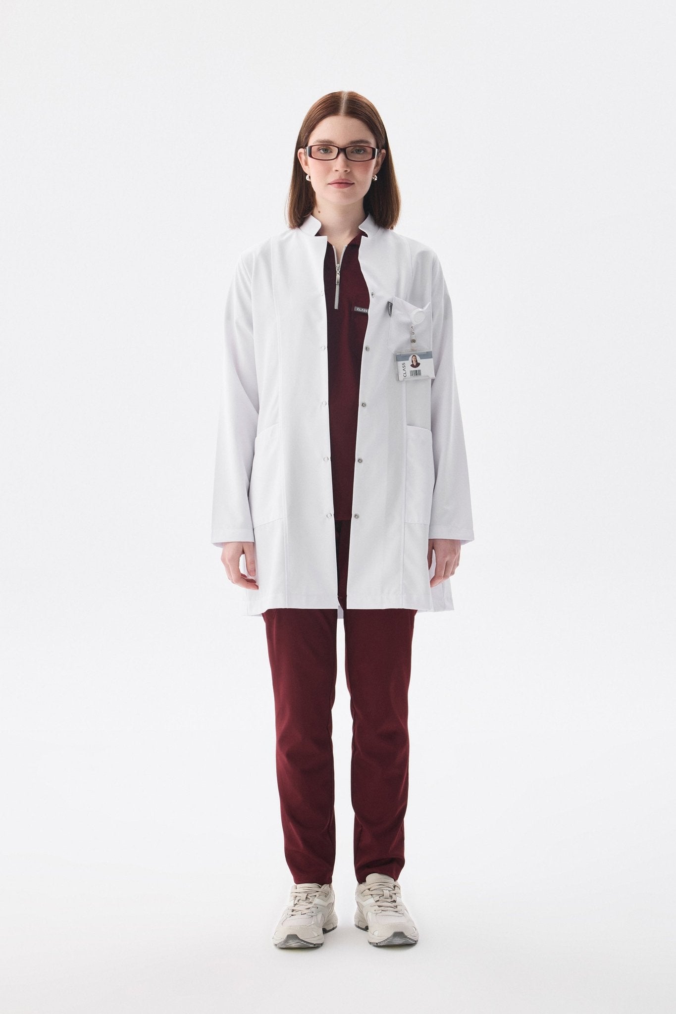 Kadın Uzun Kol Beyaz Çıtçıtlı Önlük Ceket – Hakim Yaka - Class Üniforma hemşire formaları, medikal önlükler