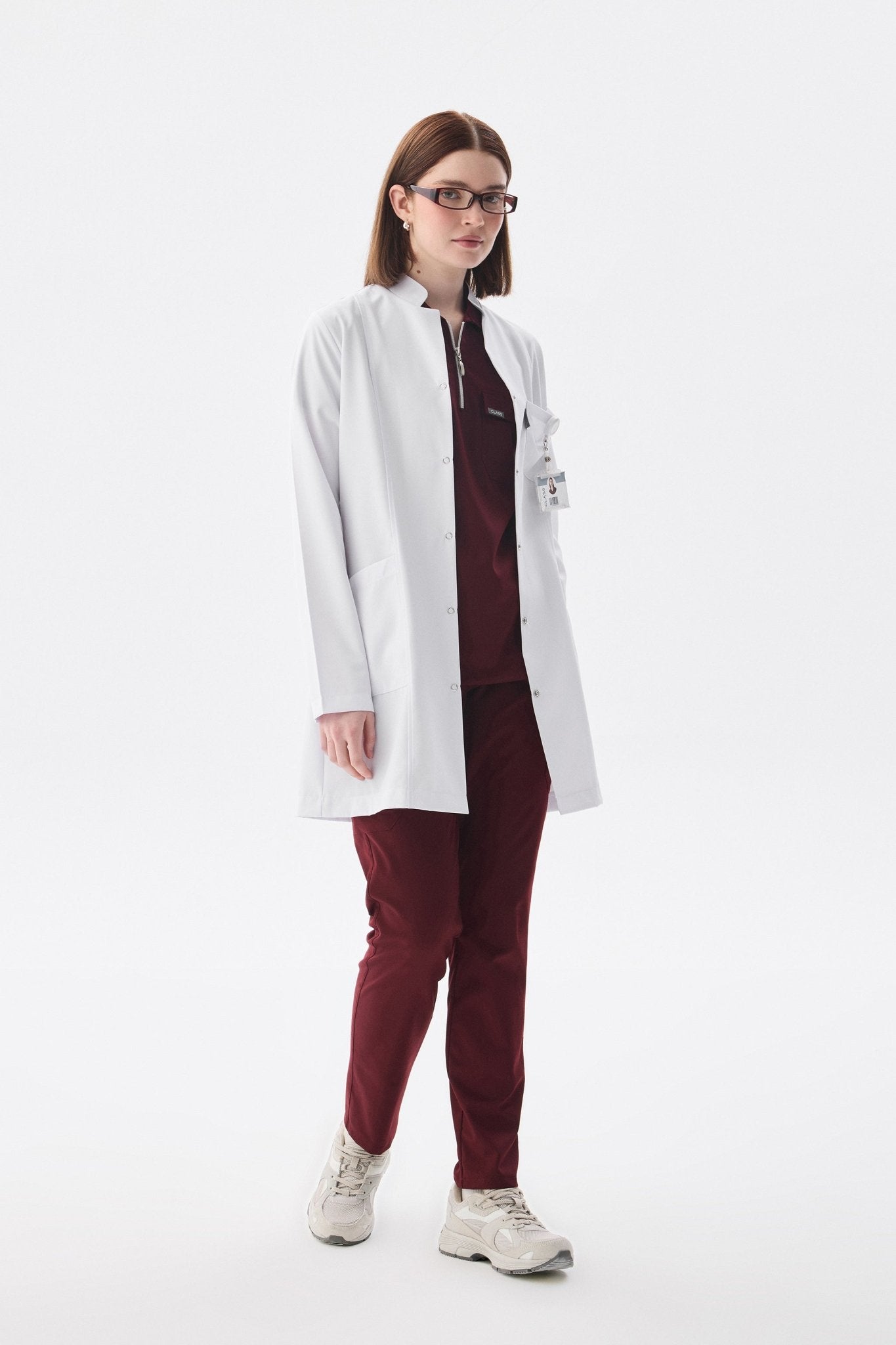 Kadın Uzun Kol Beyaz Çıtçıtlı Önlük Ceket – Hakim Yaka - Class Üniforma hemşire formaları, medikal önlükler