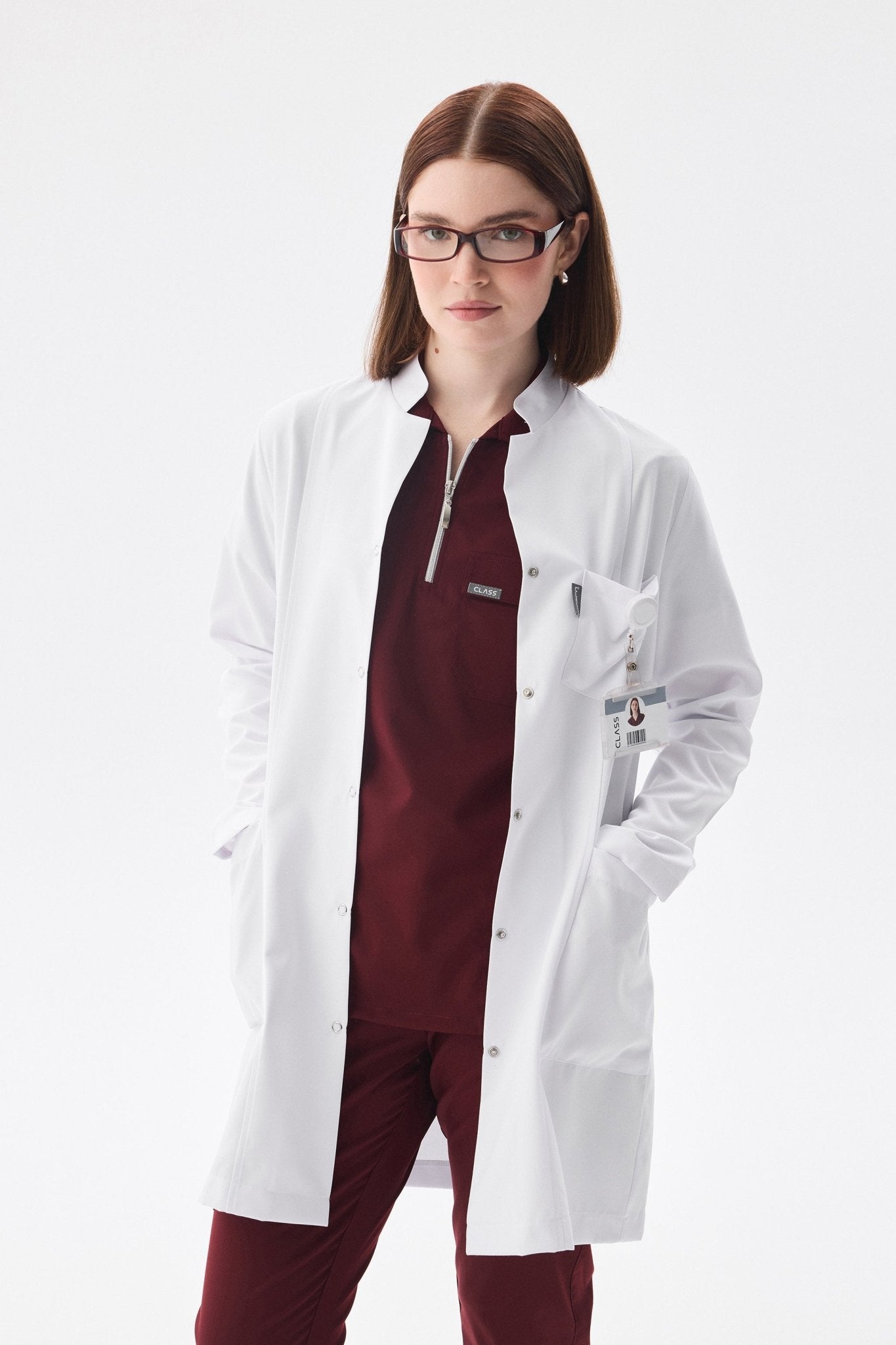 Kadın Uzun Kol Beyaz Çıtçıtlı Önlük Ceket – Hakim Yaka - Class Üniforma hemşire formaları, medikal önlükler