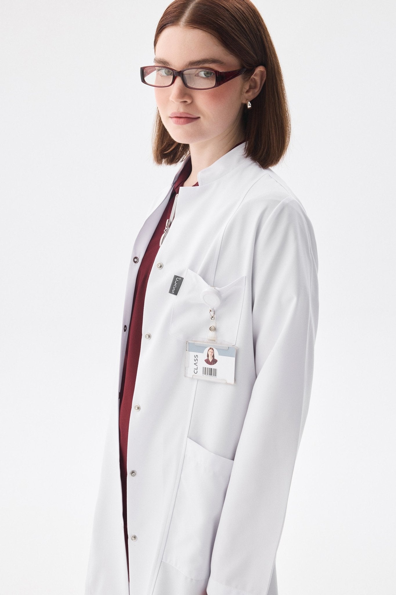 Kadın Uzun Kol Beyaz Çıtçıtlı Önlük Ceket – Hakim Yaka - Class Üniforma hemşire formaları, medikal önlükler