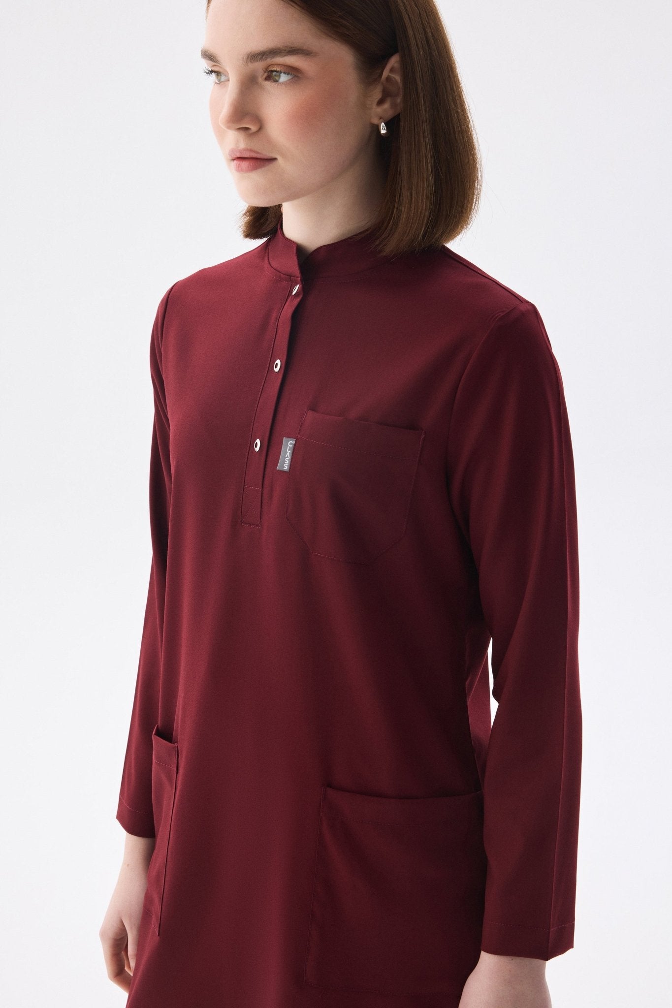 Tesettür - Bordo Likralı Hemşire Üniforma Takımı - Class Üniforma hemşire formaları, medikal önlükler