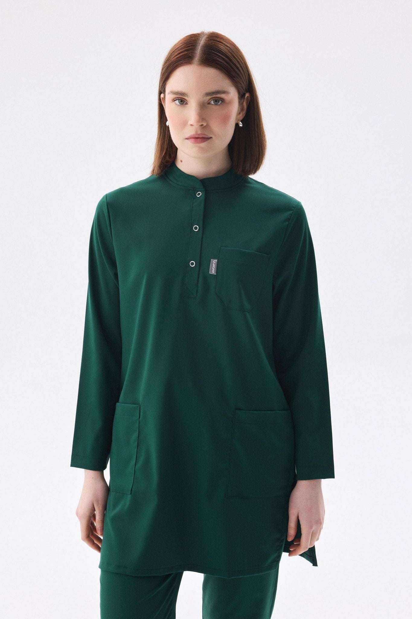 Tesettür - Avcı Yeşili Likralı Hemşire Üniforma Takımı - Class Üniforma hemşire formaları, medikal önlükler