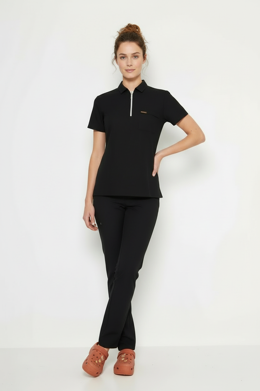 Polo Yaka Siyah Kadın Medikal Üniforma Scrubs Takımı