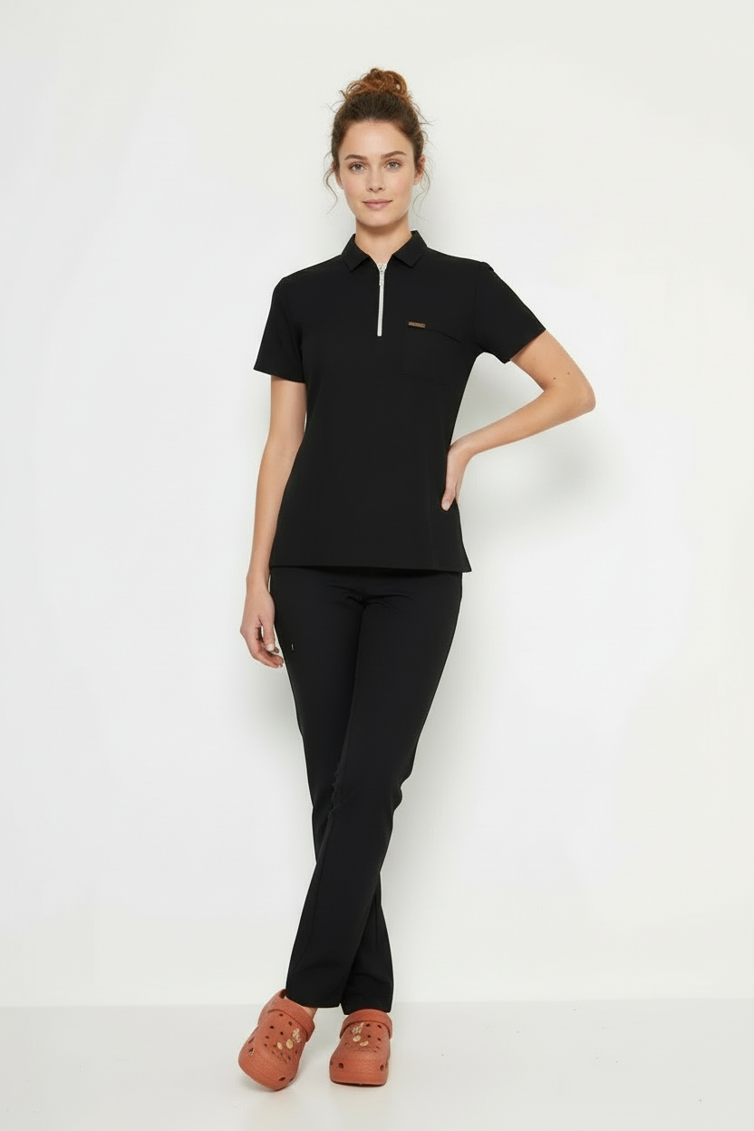 Polo Yaka Siyah Kadın Medikal Üniforma Scrubs Takımı