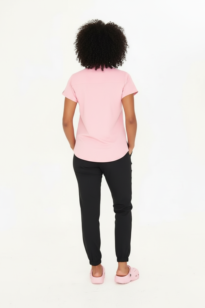 N O V A | Pembe Siyah Kadın Likralı Hakim Yaka Yarım Pat Çıtçıtlı Hemşire Ve Doktor Forması Scrubs