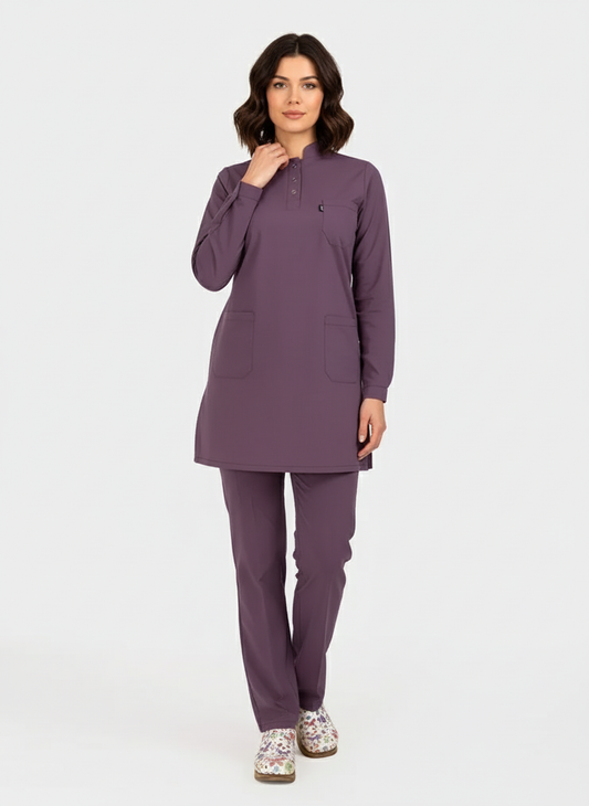 Tesettür - Açık Mürdüm Likralı Hemşire Üniforma Takımı