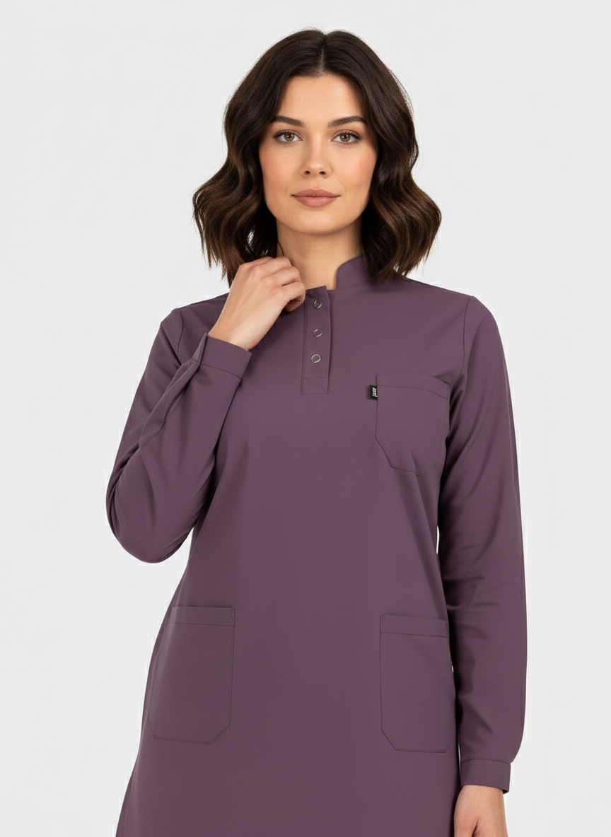 Tesettür - Açık Mürdüm Likralı Hemşire Üniforma Takımı