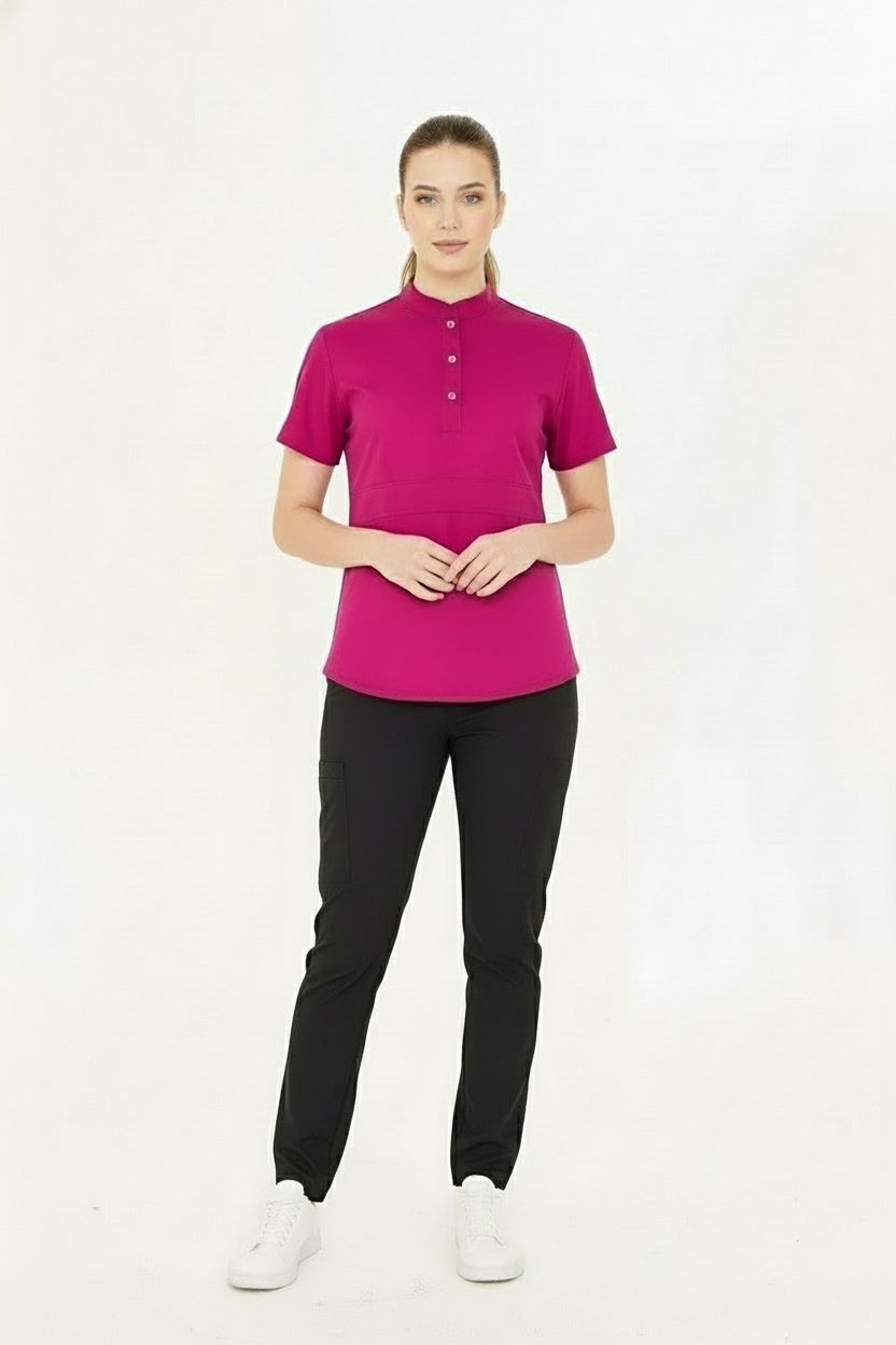 N O V A | Vişne Siyah Kadın Likralı Hakim Yaka Yarım Pat Çıtçıtlı Hemşire Ve Doktor Forması Scrubs