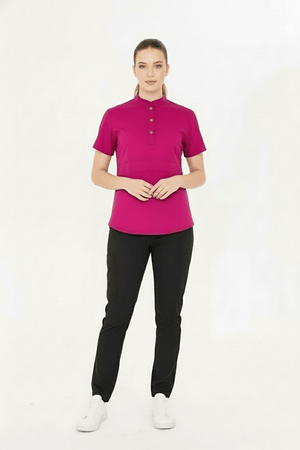 N O V A | Vişne Siyah Kadın Likralı Hakim Yaka Yarım Pat Çıtçıtlı Hemşire Ve Doktor Forması Scrubs - Class Üniforma hemşire formaları, medikal önlükler