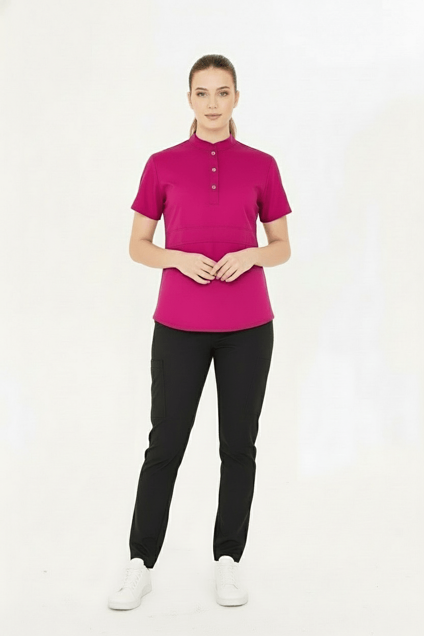 N O V A | Vişne Siyah Kadın Likralı Hakim Yaka Yarım Pat Çıtçıtlı Hemşire Ve Doktor Forması Scrubs - Class Üniforma hemşire formaları, medikal önlükler