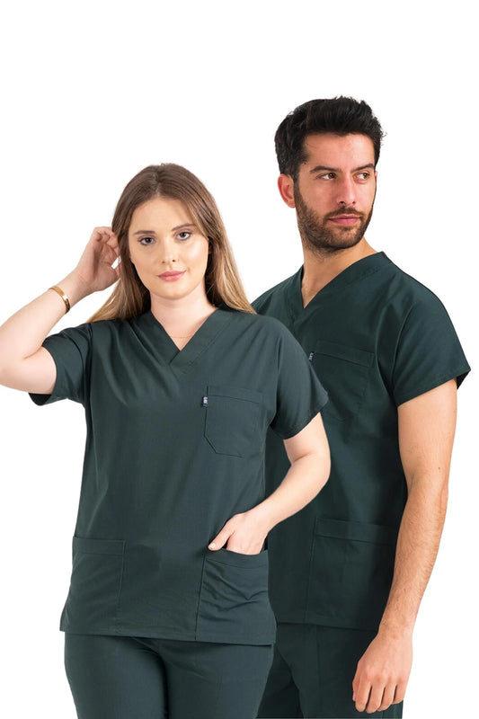 Classic Tek Üst  - Avcı Yeşili Likralı Hemşire Forması Üstü