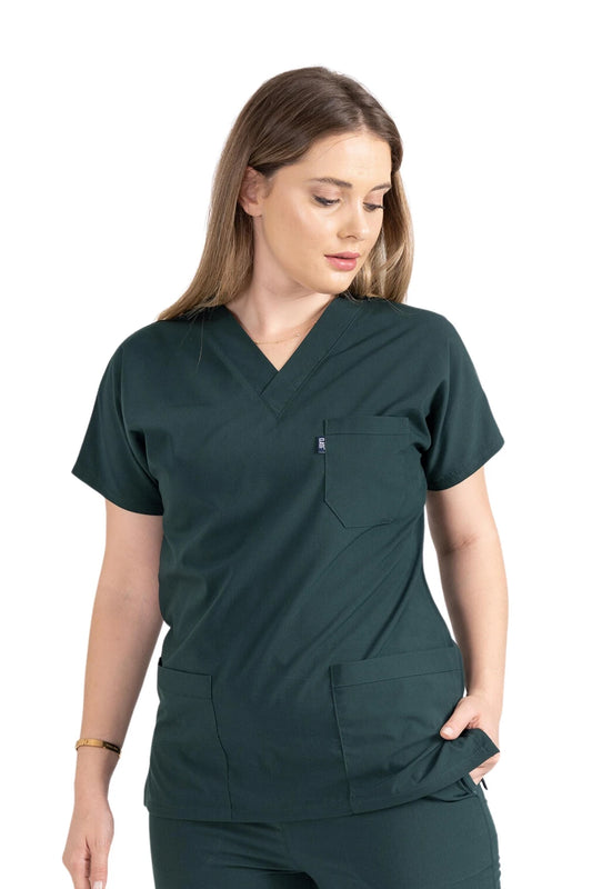 Classic Tek Üst  - Avcı Yeşili Likralı Hemşire Forması Üstü