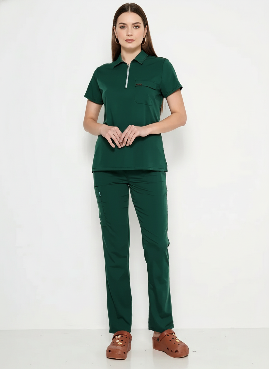 Polo Yaka Avcı Yeşili Kadın Medikal Üniforma Scrubs