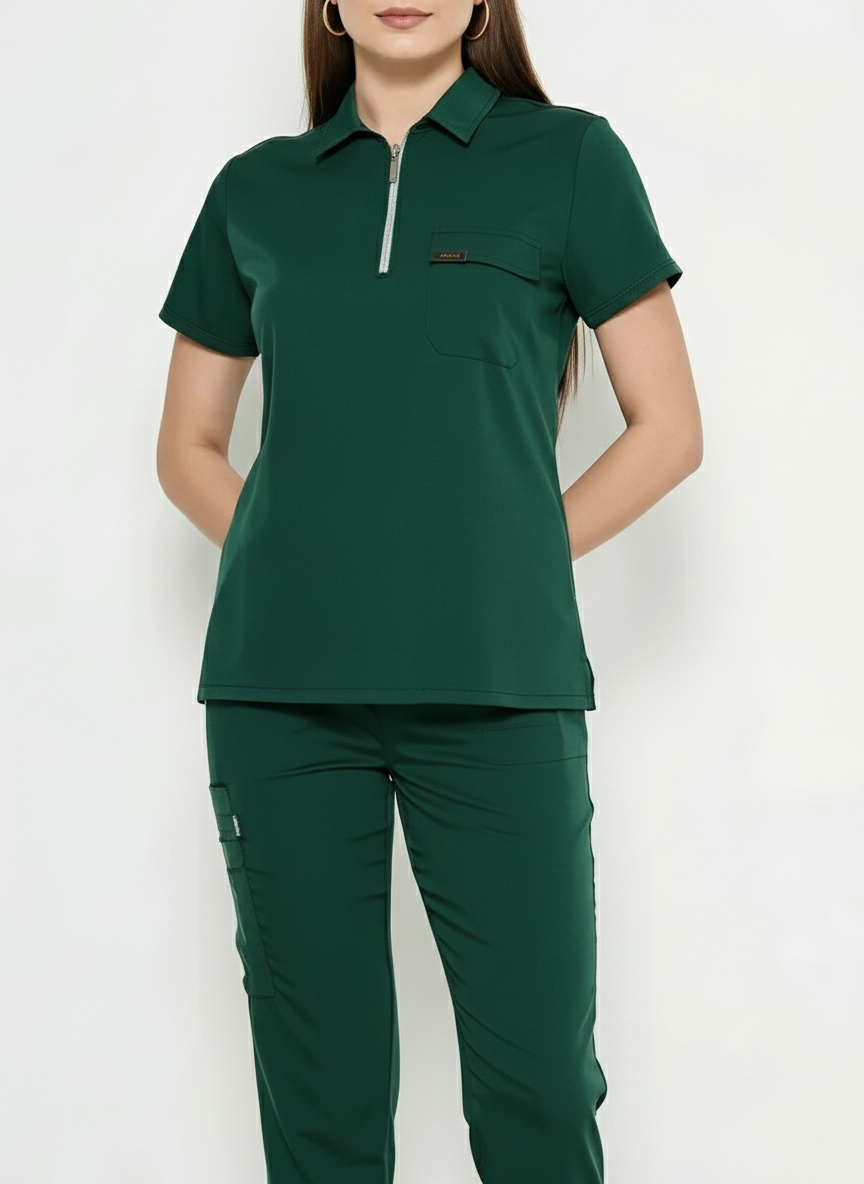 Polo Yaka Avcı Yeşili Kadın Medikal Üniforma Scrubs