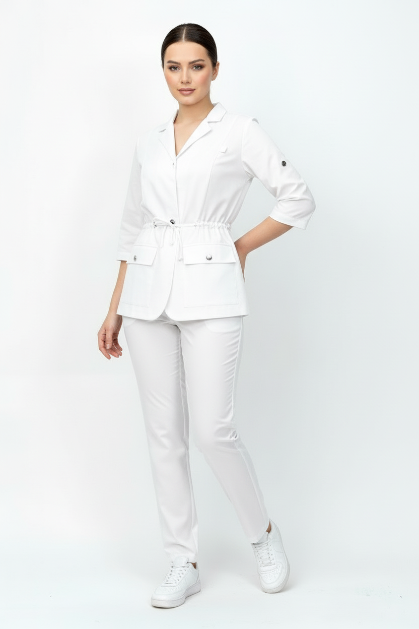L I S B O N | Beyaz Premium Likralı Ceket Üniforma Takım