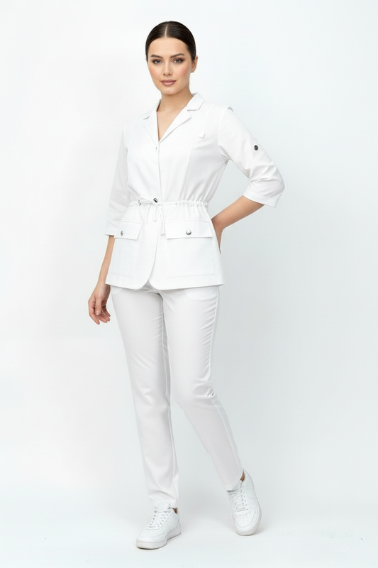 L I S B O N | Beyaz Premium Likralı Ceket Üniforma Takım