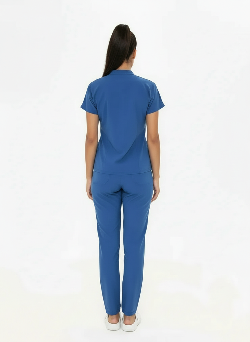 N O V A | Fırtına Mavi Düz Paça Pantolon Kadın Likralı Hakim Yaka Yarım Pat Çıtçıtlı Hemşire Ve Doktor Forması Scrubs