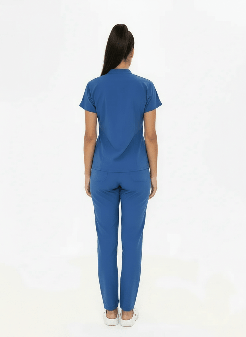 N O V A | Fırtına Mavi Düz Paça Pantolon Kadın Likralı Hakim Yaka Yarım Pat Çıtçıtlı Hemşire Ve Doktor Forması Scrubs - Class Üniforma hemşire formaları, medikal önlükler