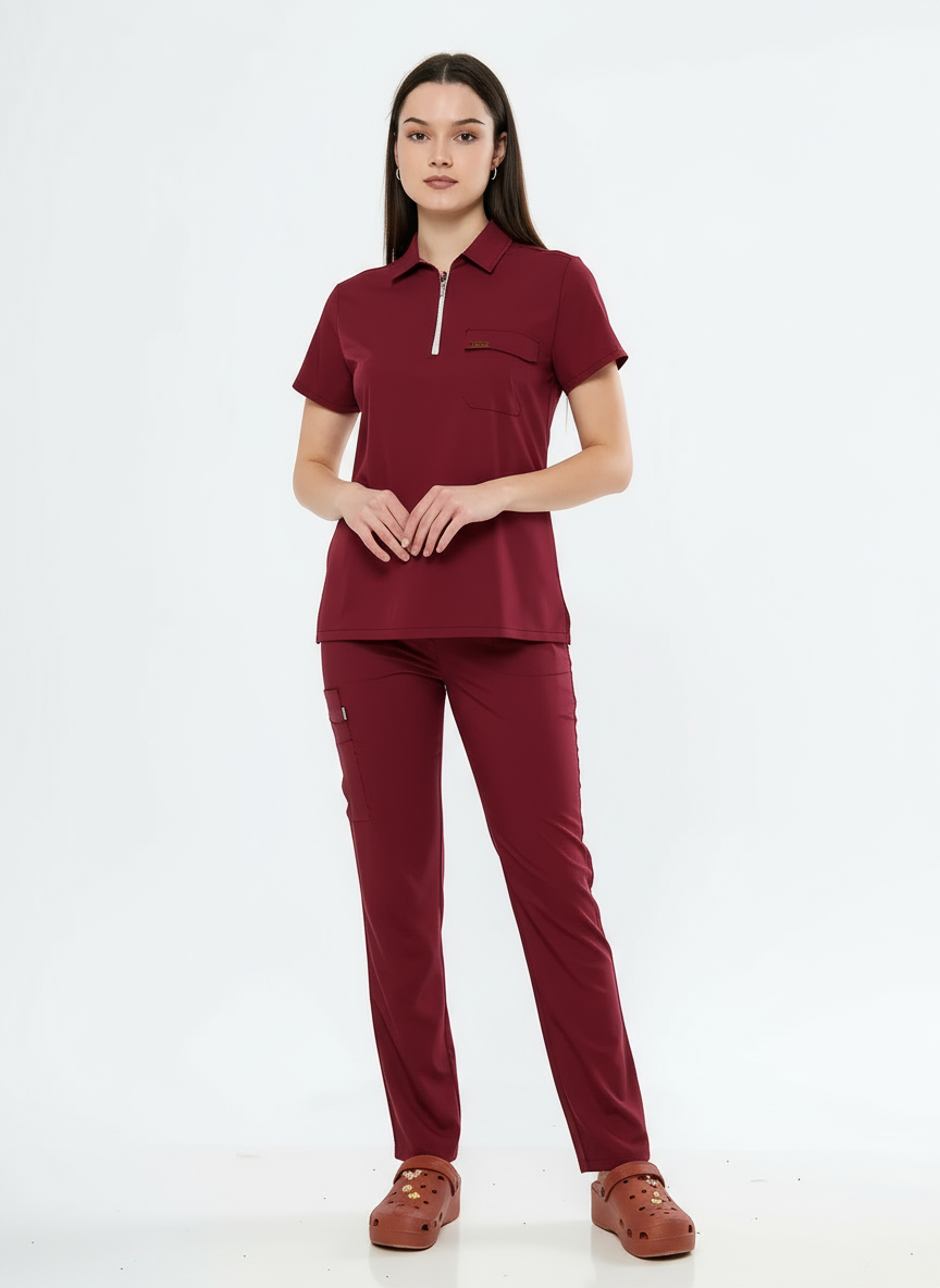 Polo Yaka Bordo Kadın Medikal Üniforma Scrubs