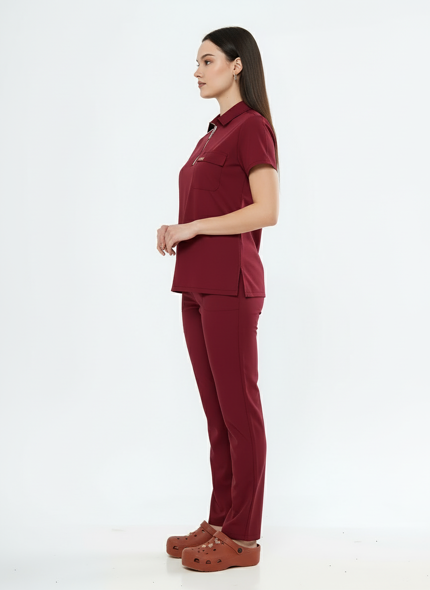 Polo Yaka Bordo Kadın Medikal Üniforma Scrubs
