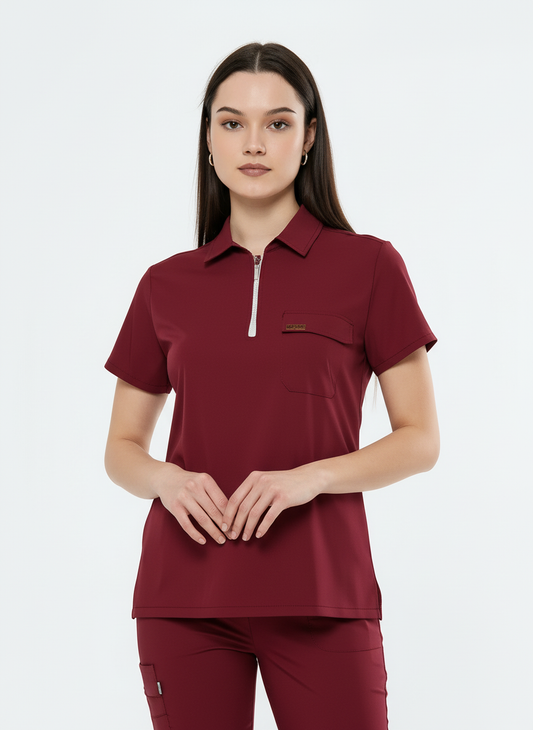 Polo Yaka Bordo Kadın Medikal Üniforma Scrubs