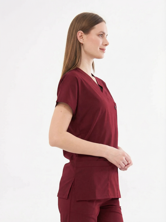 Classic Tek Üst  - Bordo Likralı Hemşire Forması Üstü