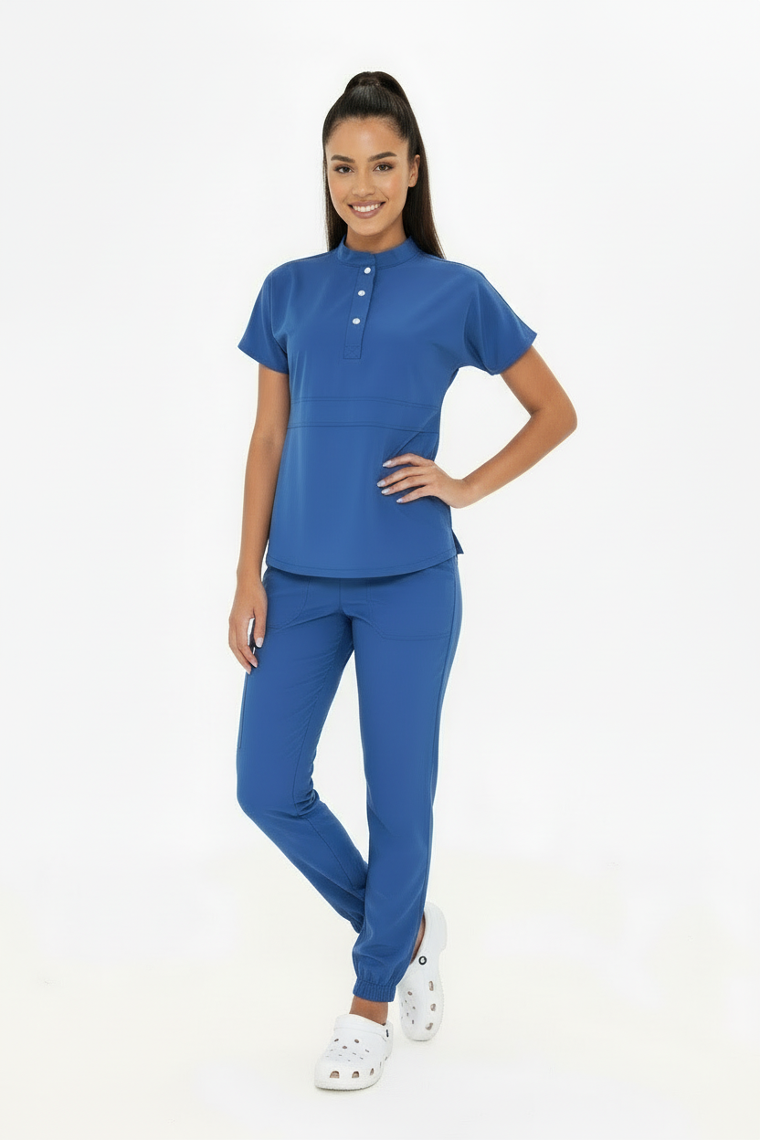 N O V A | Fırtına Mavi Kadın Likralı Hakim Yaka Yarım Pat Çıtçıtlı Hemşire Ve Doktor Forması Scrubs