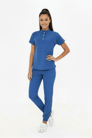 N O V A | Fırtına Mavi Lastikli Paça Kadın Likralı Hakim Yaka Yarım Pat Çıtçıtlı Hemşire Ve Doktor Forması Scrubs - Class Üniforma hemşire formaları, medikal önlükler