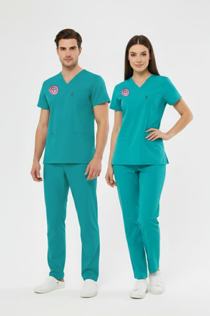 Turkuaz Aile Sağlığı Çalışan Forması Likralı Scrubs Takım (Yeni Yönetmeliğe Uygun - Bermuda)