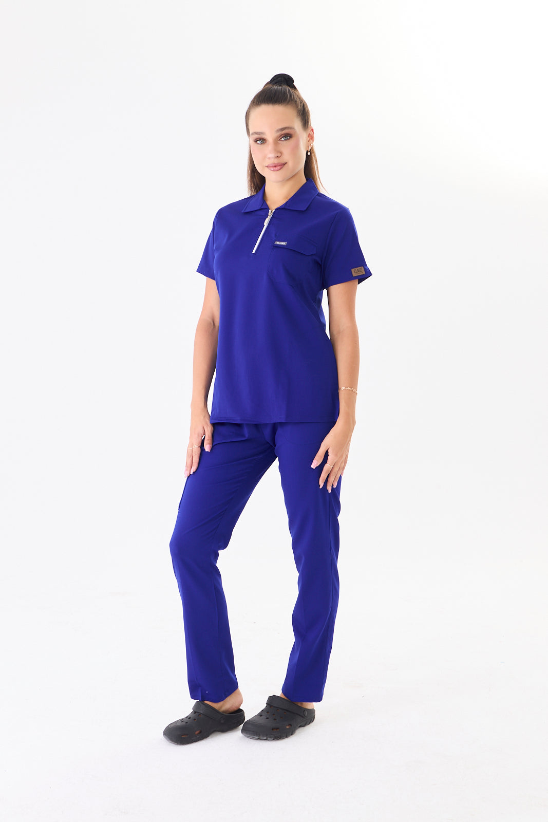 Kadın Polo Yaka Saks Mavisi Likralı Hemşire Doktor Scrubs Takım