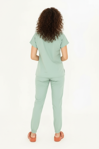 N O V A | Çağla Yeşili Likralı Hakim Yaka Yarım Çıtçıtlı Hemşire Ve Doktor Forması Scrubs